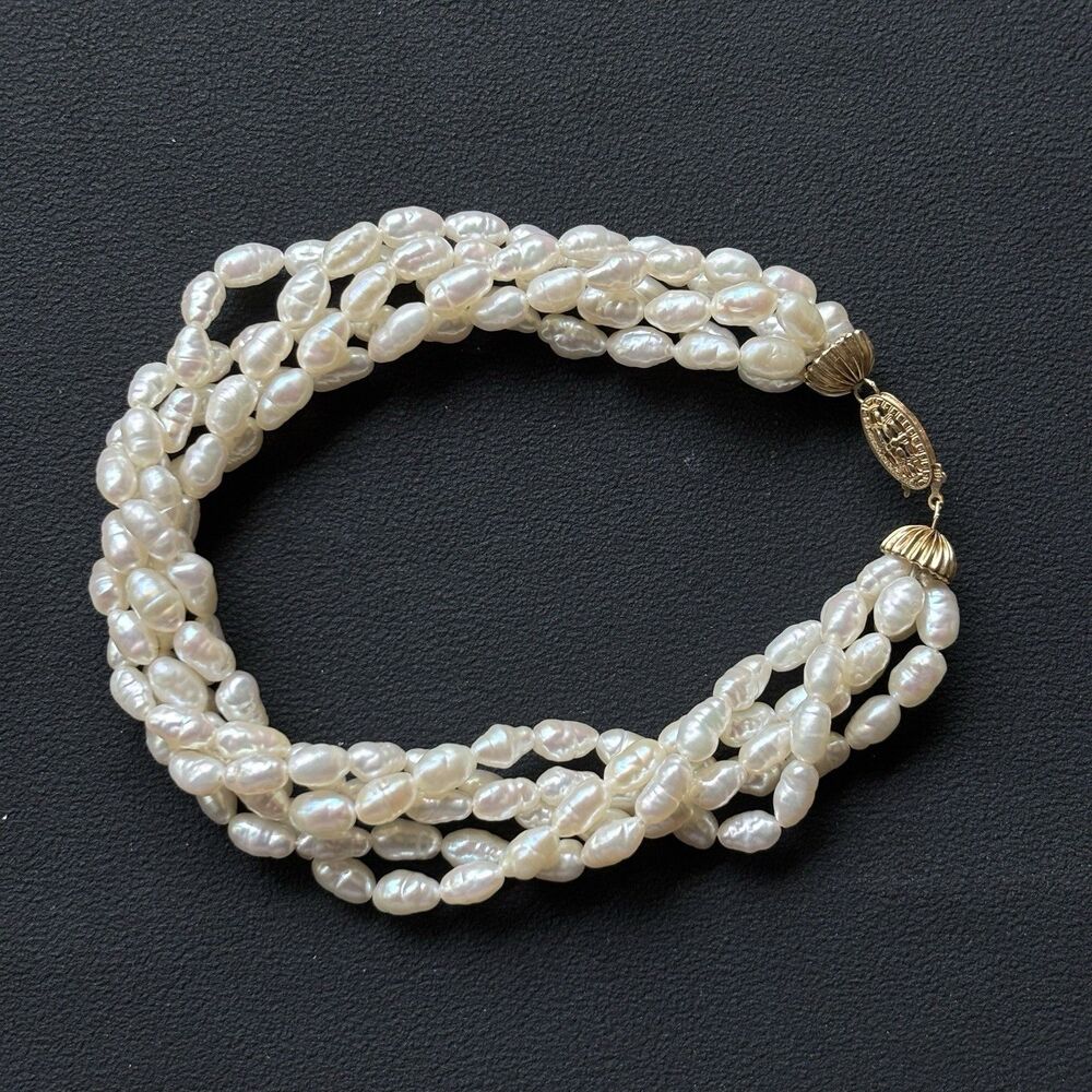 14K Solid Gold Five Strand Freshwater Pearl Bracelet Rice Pearls 8 Inch